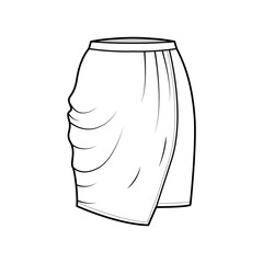 Skirt drapped technical fashion illustration with straight semi fitted knee silhouette, pencil fullness, thin waistband. Flat bottom template front, white color style. Women, men, unisex CAD mockup