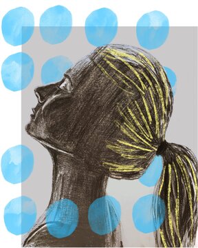 profile of a beautiful girl illustration. simple pencil texture. fashion sketch. woman's face. modern Art. Blue watercolor strokes. Stylish  background. Hand drawn 