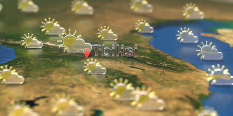 Tbilisi city and partly cloudy weather icon on the map, weather forecast related 3D rendering