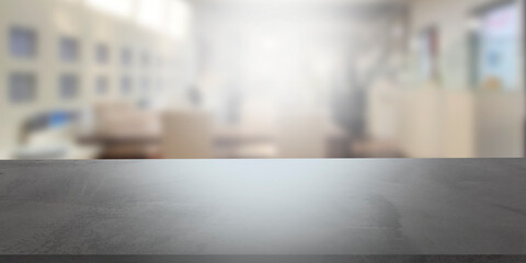 Empty stone concrete table with blurred soft light gallery business background. product display template. Mock up template for display. Business presentation.