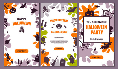 Pack of Halloween social media stories template. Space for text. Vector illustration