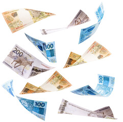 many banknotes from brazil falling on white background, two hundred, one hundred and fifty reais in free fall