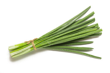 Chives bunch close up isolated on white background, close up