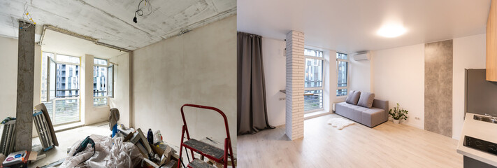 Room with unfinished walls and a room after repair. Before and after renovation in new housing.