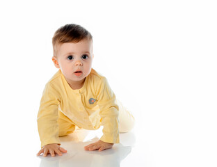 Beautiful expressive adorable happy cute laughing smiling baby infant toddler girl with ponytails showing teeth, isolated.