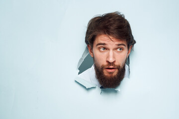 Emotional male manager office blue background work lifestyle