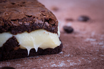 Chocolate brownie with milk powder delicious filling. Closeup photography.