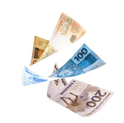 200, 100 and 50 reais banknotes in fall, isolated white background. Grand prize, draw, fortune and profit concept