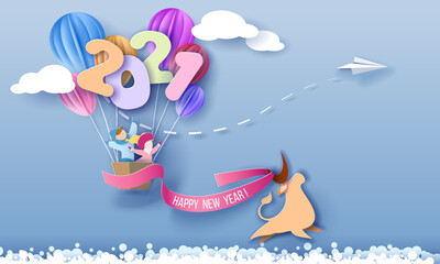 2021 New Year design card with kids in basket of air balloons flying