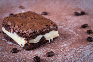 Chocolate brownie with milk powder delicious filling. Closeup photography.