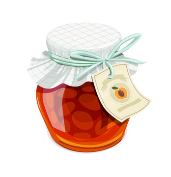 Apricot jam jar. Vintage style. Delicious organic food. Glass capacity for fruit meal with lid, isolated white background. Illustration.