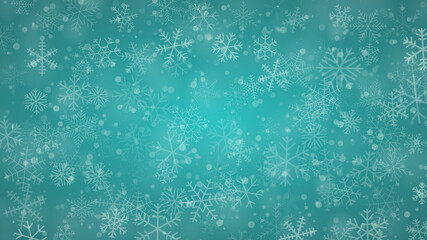 Christmas background of snowflakes of different shapes, sizes and transparency in light blue colors