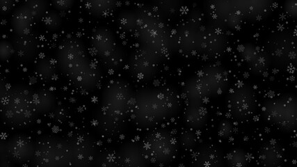 Christmas background of snowflakes of different shapes, sizes and transparency in gray and black colors