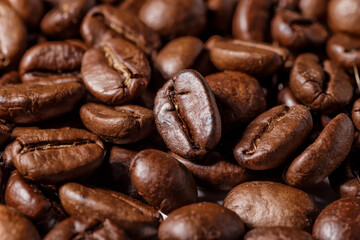 Freshly roasted coffee beans background.Dark roasted coffee beans with scoop on wooden background.