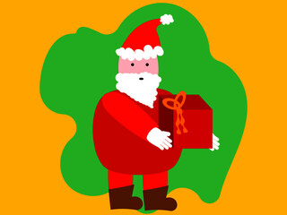 Santa claus with a red gift in hand on a yellow background