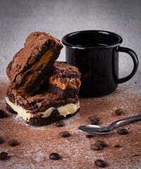Chocolate brownie with delicious filling. Closeup photography.