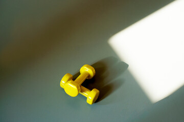 two yellow dumbbells on the gray background