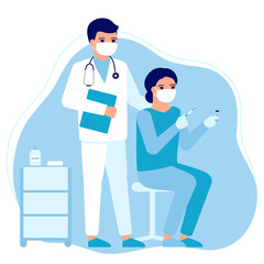 Doctor and nurse advice. Vaccination of people for prevention, immunization and treatment against viral infection. Medical injection, flu shot, virus. Vaccination for safe health.Vector illustration