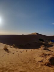 Fototapeta na wymiar Person sitzt alleine auf einer Düne in der Wüste von Marokko