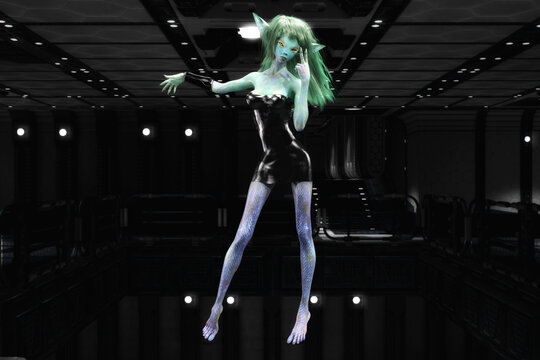 Artistic 3D illustration of a science-fiction female