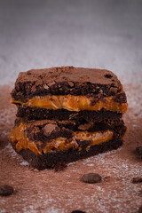 Chocolate brownie with delicious dulce de letche filling. Closeup photography.