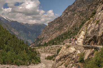 Gangotri is one of the main Hindu holy places of pilgrimage in the Himalayas. The trail from Gangotri to Gomukh runs between the mountain peaks.