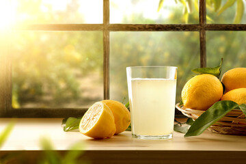 Homemade lemonade on kitchen with window and orchard outside - obrazy, fototapety, plakaty