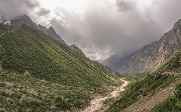 Gangotri is one of the main Hindu holy places of pilgrimage in the Himalayas. The trail from Gangotri to Gomukh runs between the mountain peaks.