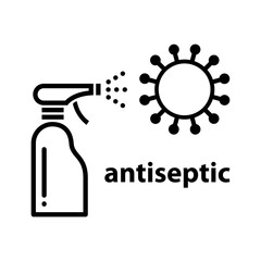 Antiseptic spray for disinfecting hands and surfaces. Prevention against coronavirus infection. Vector black and white illustration with lines.