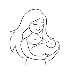 Young mother with a baby in her arms. The woman has a happy smile on her face. Vector cartoon illustration with lines.