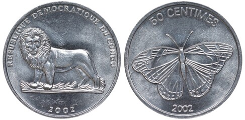 Congo Congolese aluminum coin 50 fifty centimes 2002, heraldic lion left, butterfly, 