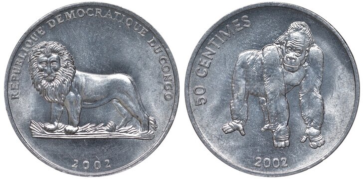 Congo Congolese aluminum coin 50 fifty centimes 2002, heraldic lion left, gorilla, 