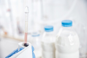 Analysis of percentage of fat in milk, Quality control in laboratory. Dairy factory industry products
