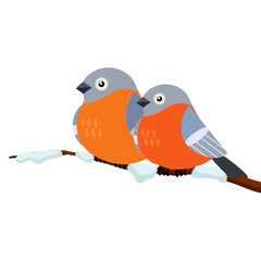 Two Bullfinches. A group of cute forest animals. Couple of bird. Cartoon flat illustration