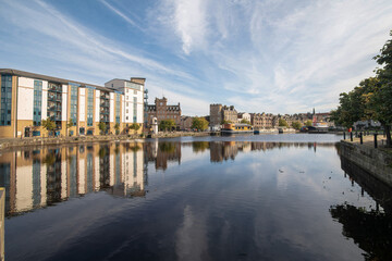 A viw of The Shore area of Leith, Edinburgh, UK, as seen from the west end of the old Victoria swing bridge. - 388378391