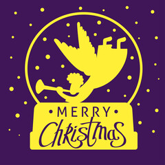 A square vector card with a flat angel silhouette  and a text Merry Christmas. 