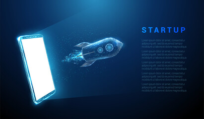 Abstract low poly rocket launch from smart phone.