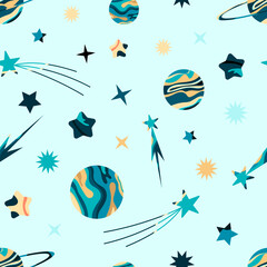 Fototapeta na wymiar Children's vector pattern with planets and stars on a colored background. Space. Children's illustration for fabrics, gifts, toys, postcards, packaging paper.