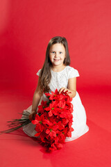 a child in a white dress sits on the floor and holds a bouquet of Christmas flowers on her lap, isolated on a red background.
