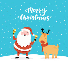 Christmas greeting card design with cartoon Santa Claus and deer character, hand drawn design elements, lettering qoute Merry Christmas.