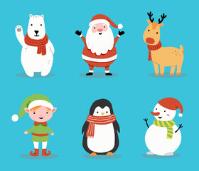 Obraz premium Set of cartoon Santa Claus, deer, snowman, penguin for christmas banner, greeting card illustration. Happy cute character christmas collection.