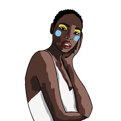 Afro American women  illustration. fashion sketch beautiful dark-skinned girl. Contemporary art. black skin. Yellow  makeup 