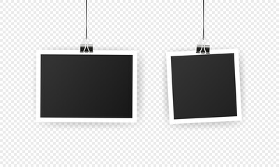 Photo frame. Mockup design. Blank photo frame set hanging on a clip. Black empty place for your text or photo. Vector solated on transparent background.