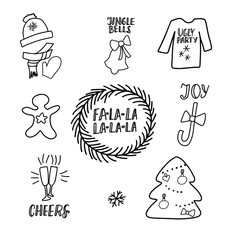 Cozy winter doodle elements. Cap, scarf, mitten, Christmas tree, joy, bell, ugly sweater party. Christmas and New Year clipart hand drawn illustration. Vector set.