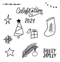 Cozy winter doodle elements. Christmas tree, evergreen, holly jolly, gift box, star, garland, Christmas pattern, snowflakes, celebration 2021 New Year clipart. Hand drawn illustration. Vector set.