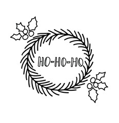 Ho-ho-ho with Christmas wreath. Cozy winter doodle elements. Christmas and New Year clipart hand drawn illustration. Vector set.