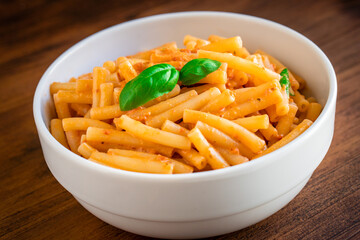 Healthy organic Italian macaroni homemade fresh pasta spaghetti noodles cook with basil tomato...