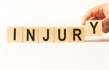 Word injury. Wooden small cubes with letters isolated on white background with copy space available.Business Concept image.