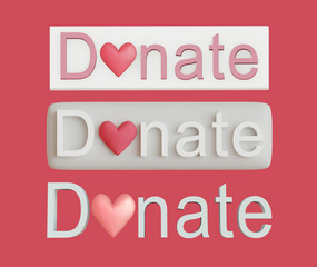 Donation button with a heart, donation concept. For use on websites. 3d illustration