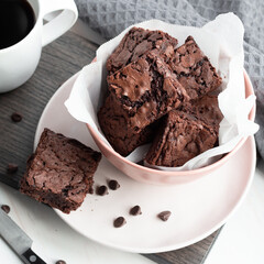 Chewy chocolate chip brownies with coffee